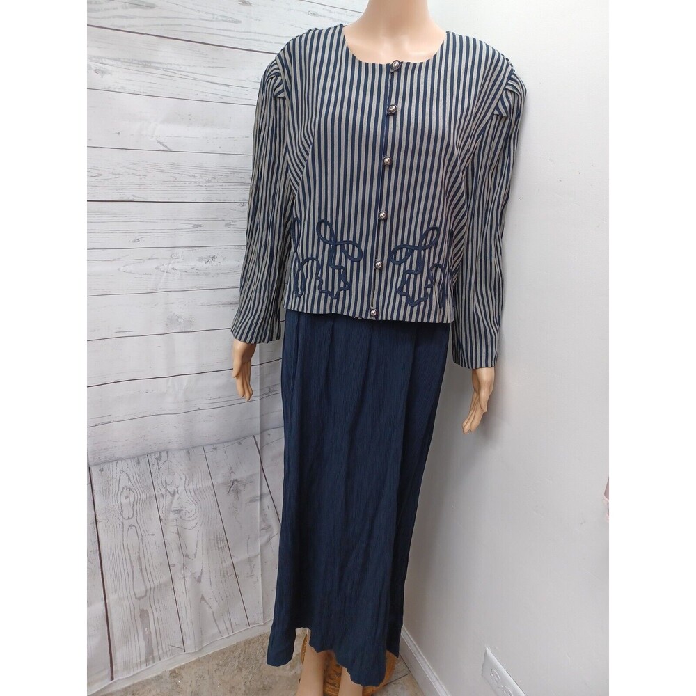 Vintage 80's Miss Dorby Striped Blue Gray Dress Tie Back Applique Sz 22W